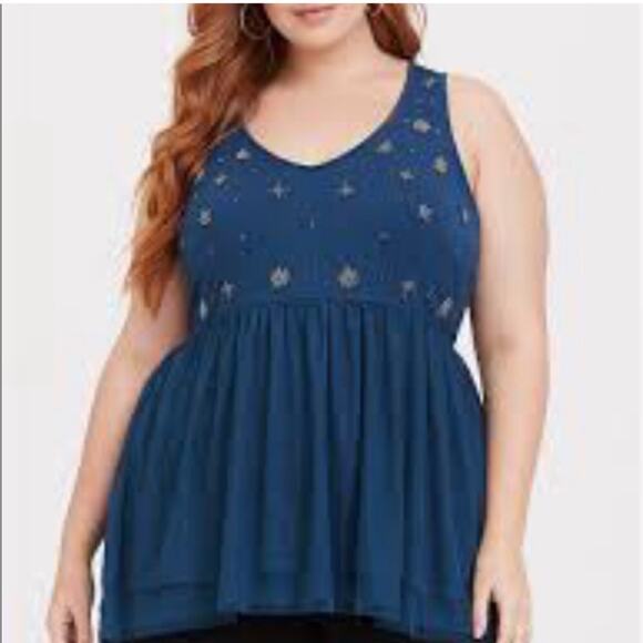 torrid Tops - Torrid teal blue scoop neck tulle beaded sleeveless top size 1 or 1X NWT